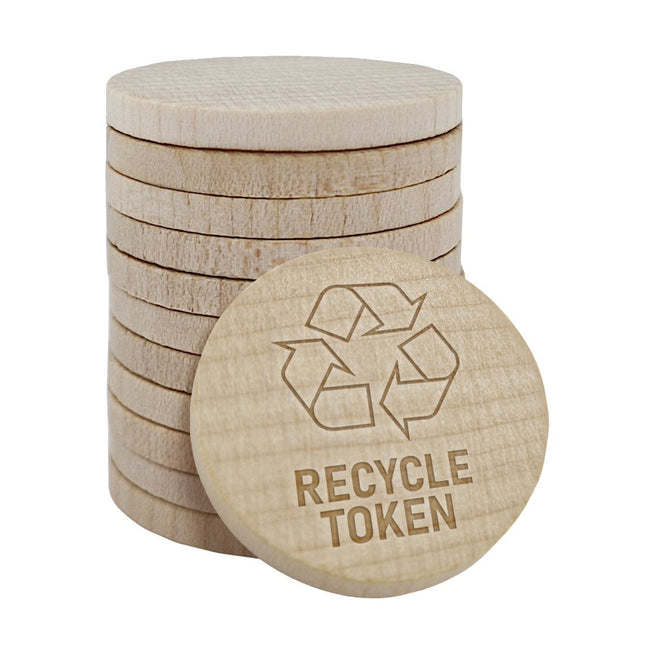 Fichas con RECYCLE TOKEN grabadas en madera Ø29 mm - 100 unidades