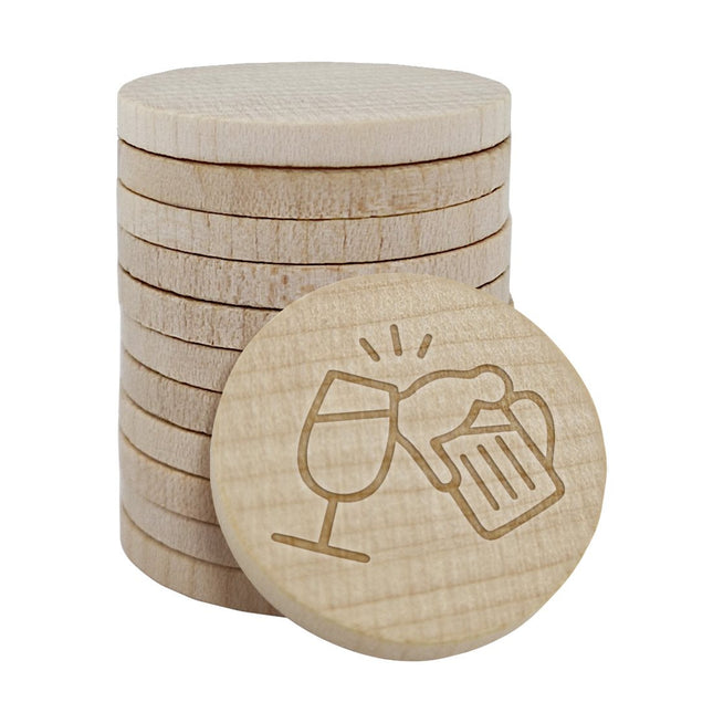 Fichas de cerveza y vino grabadas en madera Ø29 mm - 100 unidades