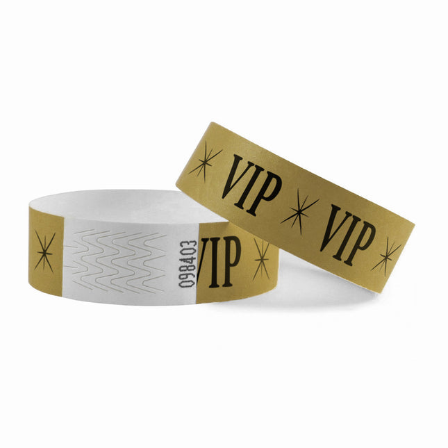 Pulseras de Tyvek VIP dorados - 100 unidades