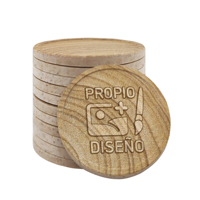 Fichas grabadas en relieve personalizadas con patrón de madera Ø29 mm - 1000 piezas