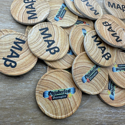 Fichas personalizadas con patrón de madera Ø35 mm - 100 unidades