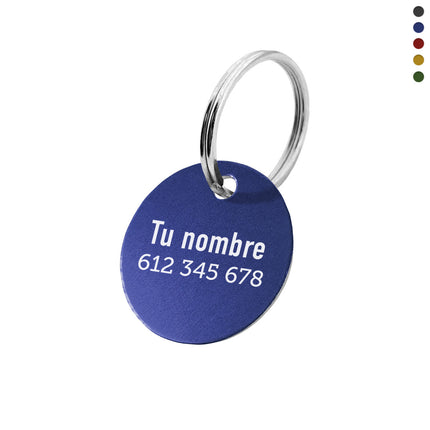 Llavero redondo de aluminio con tu numero telefonico  y nombre - Por unidad