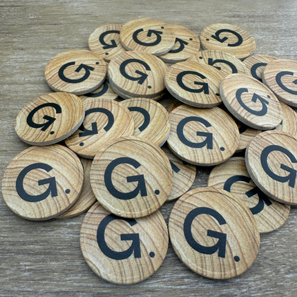 Fichas personalizadas con patrón de madera Ø29 mm - 100 unidades