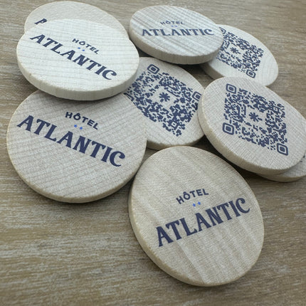 Fichas de madera personalizadas impresas Ø37 mm - 100 unidades